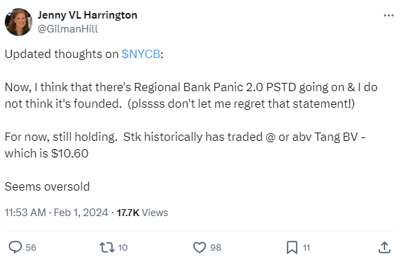Updated thoughts on $NYCB:

Now, I think that there's Regional Bank Panic 2.0 PSTD going on & I do not think it's founded.  (plssss don't let me regret that statement!)

For now, still holding.  Stk historically has traded @ or abv Tang BV - which is $10.60

Seems oversold