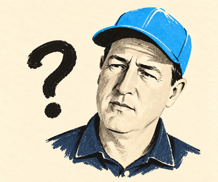 Blue-and-black editorial caricature of Eric Jackson beside a question mark.