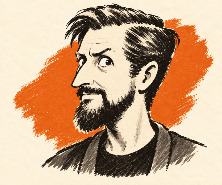 Satirical portrait of Matt Mullenweg against an orange brush blot.