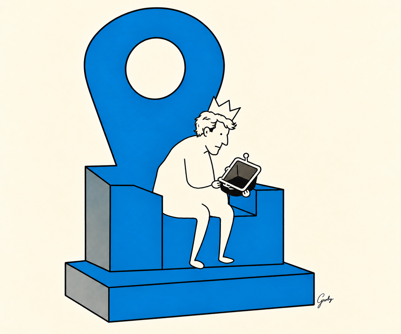 Illustration of Dennis Crowley wearing a paper crown, seated on a blue location-pin throne and looking into an empty purse.