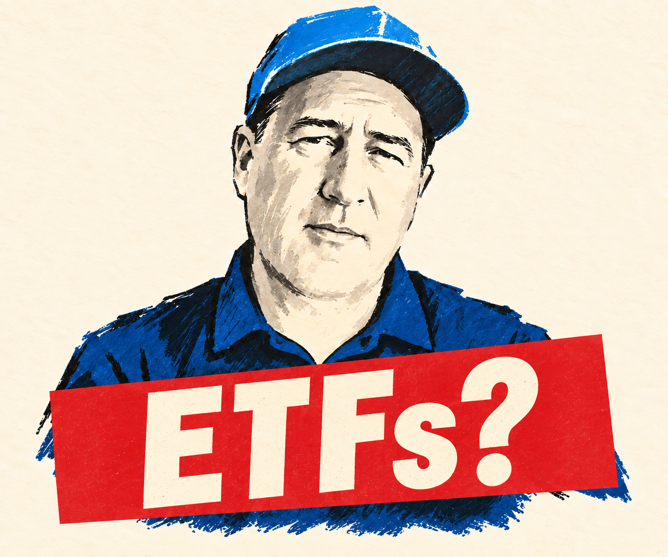 Illustration of Eric Jackson in blue behind a red banner reading ETFs?