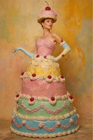 Dazzle-generated costume concept showing a woman in a tiered pastel cake dress, frosting-like gloves and a cupcake hat.